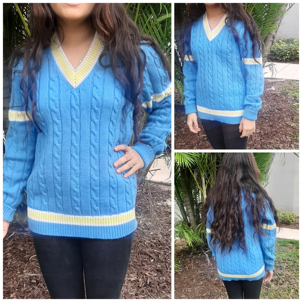 Vintage Cable Knit Blue Yellow Preppy Cottagecore